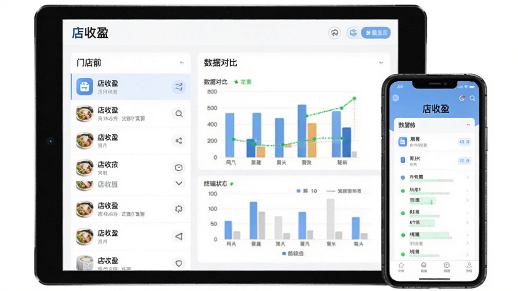 店收盈应用多门店管理界面,主体为平板与手机组合展示,布局左右分栏,排版整齐,风格为清爽浅色商务风,细节包含门店列表、数据对比柱状图和终端状态标识,屏幕中显示文字“店收盈”,画质高清,干净,无多余元素