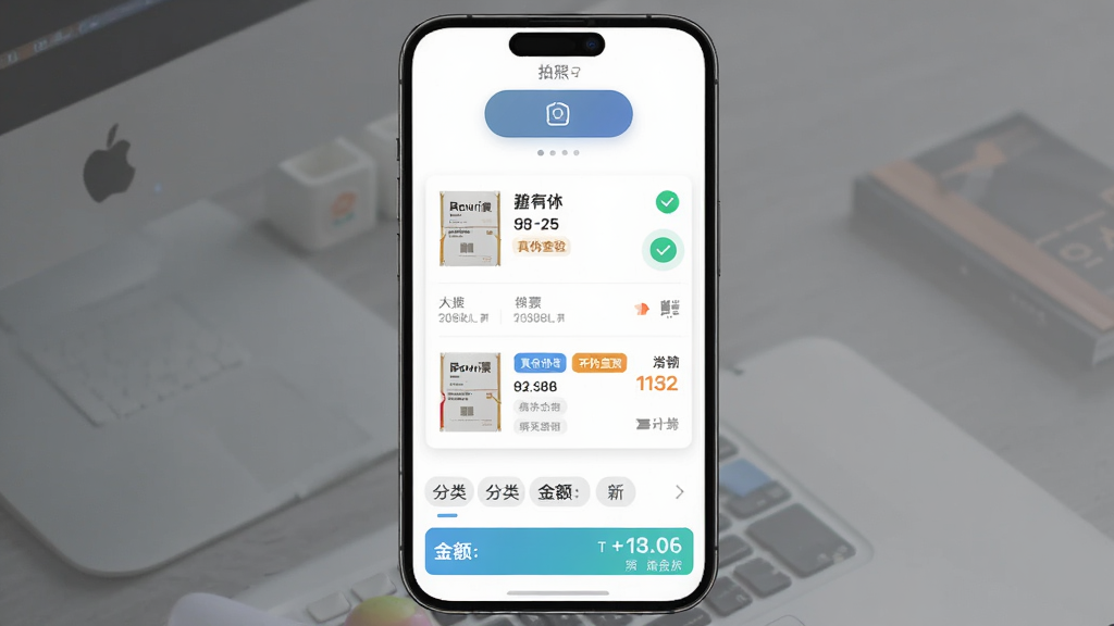 手机屏幕显示电子发票税务宝应用界面,主体为居中悬浮的发票卡片列表,上方是拍照录入按钮,下方是分类标签与金额统计条,布局为上下结构,排版简洁留白充足,风格为现代扁平化科技风,细节包含发票缩略图、真伪查验对勾图标、分类彩色标签,画质高清干净,无多余元素