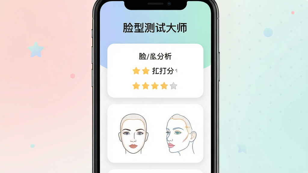 脸型测试大师软件界面展示,主体为手机屏幕中显示颜值打分结果与脸型分析图表,布局为居中竖向排列,排版上方为软件名称标题下方为测试结果卡片,风格为清新简约扁平化设计,细节包含柔和渐变背景、圆角卡片、星级评分图标与脸型轮廓示意图,画质高清干净无多余元素