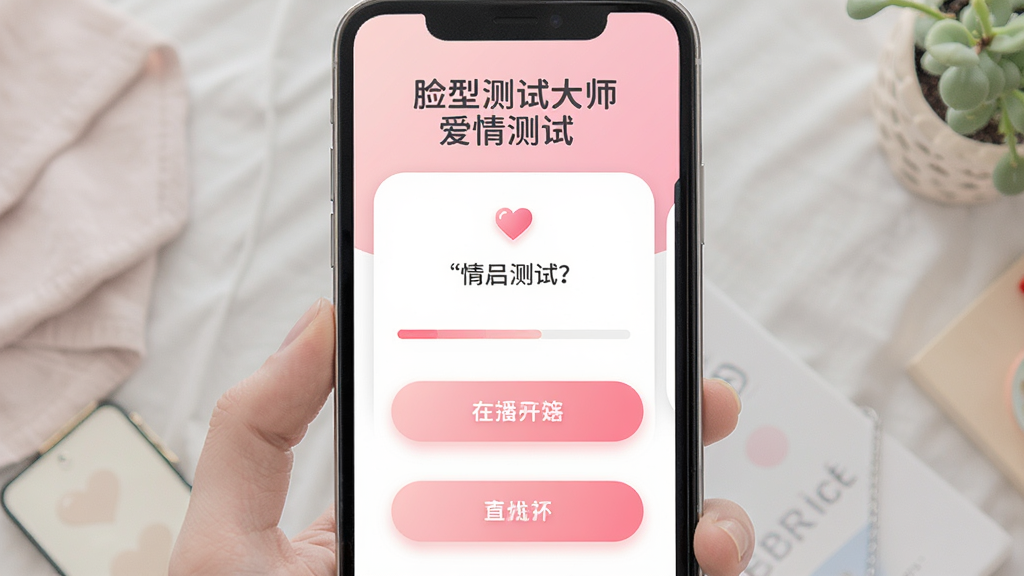 脸型测试大师爱情测试页面,主体为手机界面中展示情侣测试题目与选项按钮,布局为上下结构,排版顶部为测试主题标题中部为题目卡片底部为操作按钮,风格为柔和圆角清新浅色设计,细节包含粉色系渐变、爱心图标、进度条与选项高亮效果,画质清晰干净无多余元素
