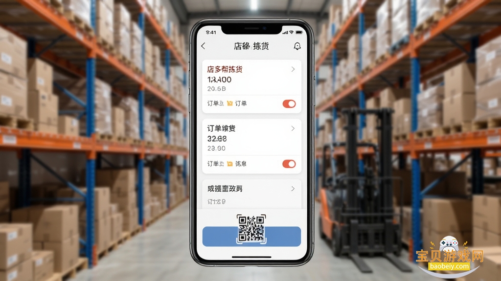 手机屏幕显示店多帮拣货订单列表界面,仓库货架背景,主体居中,布局简洁,排版清晰,风格写实,细节包括订单卡片和扫码按钮,画质干净,无多余元素