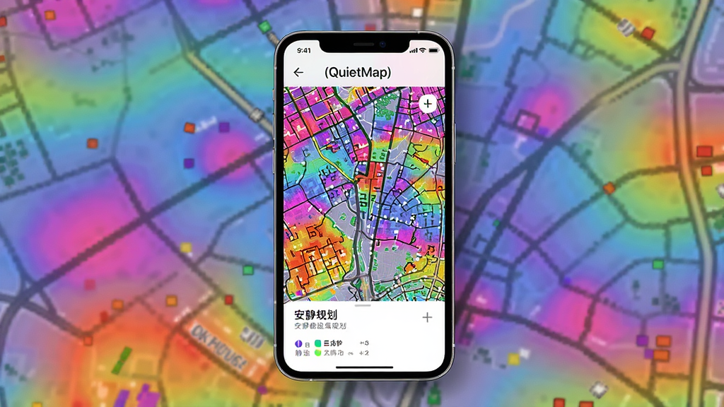 静途 (QuietMap) 预览图,手机屏幕显示彩色噪音地图与安静路线规划界面,主体为手机与地图,布局居中,排版简洁,风格清爽现代,细节包含街道线条与噪音色块,画质清晰,干净,无多余元素