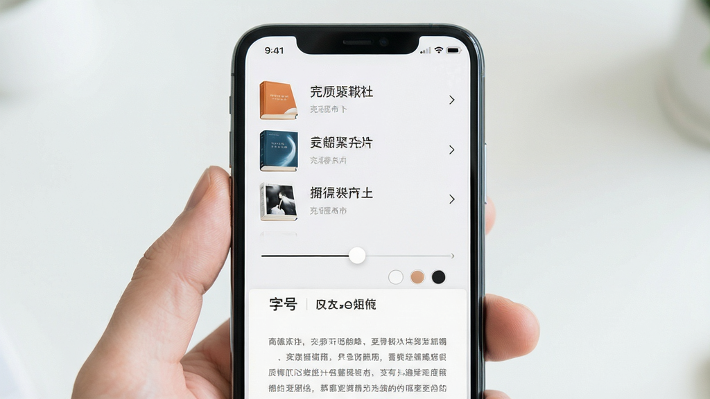 主体为一部手机屏幕显示简洁阅读界面,布局居中,排版上方为书架列表下方为翻页阅读区,风格清新简约,细节包含调节字号的滑块和背景色选项,画质清晰干净无多余元素