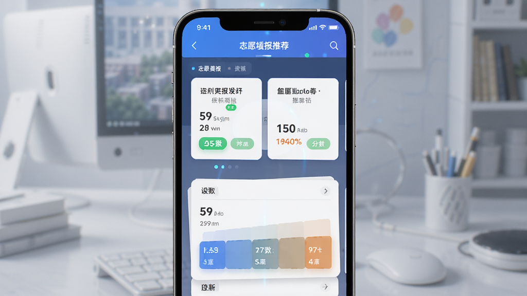 高考升软件界面展示,主体为手机屏幕中的志愿填报推荐列表,布局居中对称,排版清晰有序,风格简洁现代科技感,细节包含院校卡片、分数标签与梯度色块,画质高清干净无多余元素