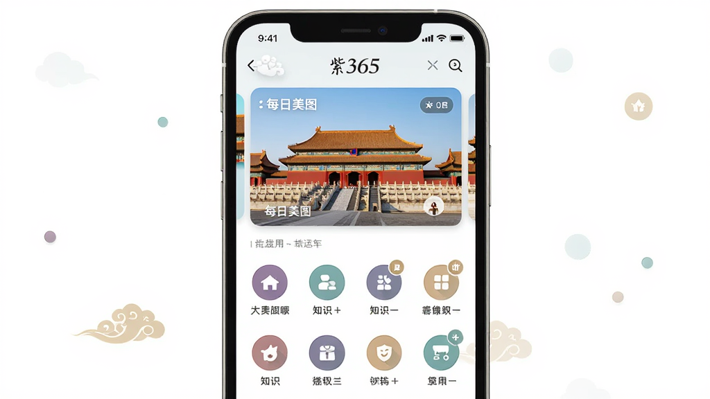 手机屏幕展示紫禁城365应用聚合主页,主体为居中大尺寸手机界面,布局上方每日美图卡片下方功能图标,排版简洁纵向,风格为清新国风扁平化,细节含红墙金瓦缩略图与知识标注圆点,画质高清干净无多余元素