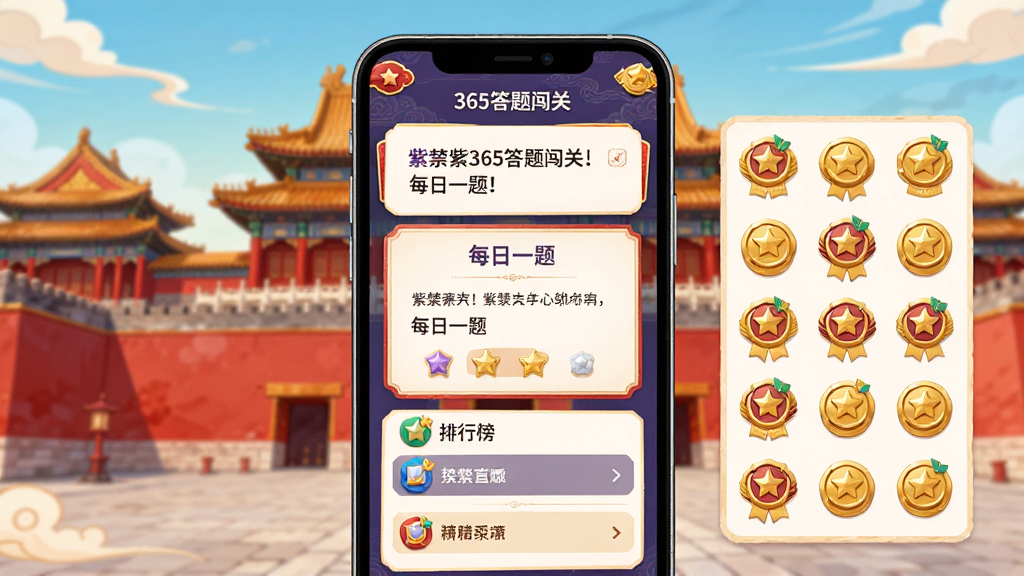 紫禁城365答题闯关界面,主体为手机屏幕中的每日一题卡片与排行榜,布局上方题目下方选项右侧徽章墙,排版对称清晰,风格为明快国潮插画,细节含红墙背景与金色徽章,画质高清干净无多余元素