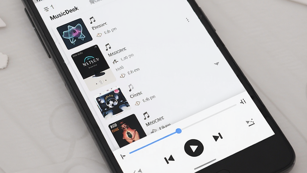 ����Ϊһ����׿�ֻ���Ļ��ʾ MusicDeck ���ֲ��������棬����Ϊ�Ϸ������б��·����ſ��������Ű������򣬷��Ϊ��ˬǳɫ�ִ�Ӧ�÷磬ϸ�ڰ���ר����������ͼ������������������ɾ��޶���Ԫ��