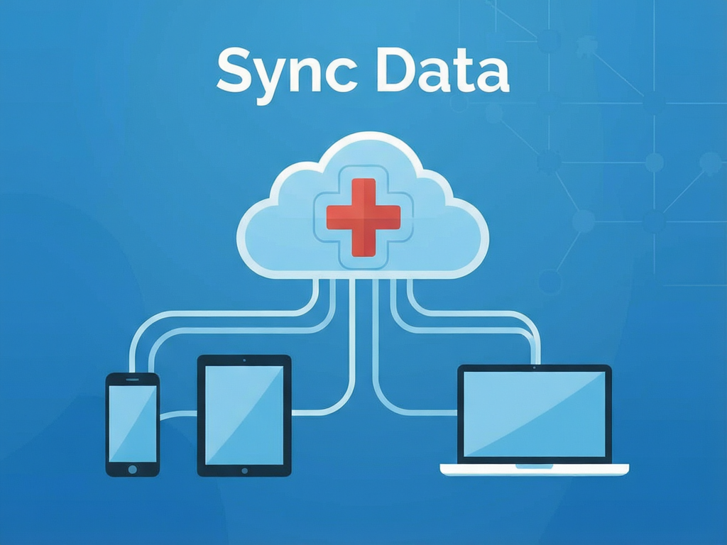 Cloud computing concept illustration, icons of phone, tablet and laptop connected by smooth lines to a central cloud server, medical cross symbol subtly integrated, gradient blue background, vector art style, flat design, clean edges, text 