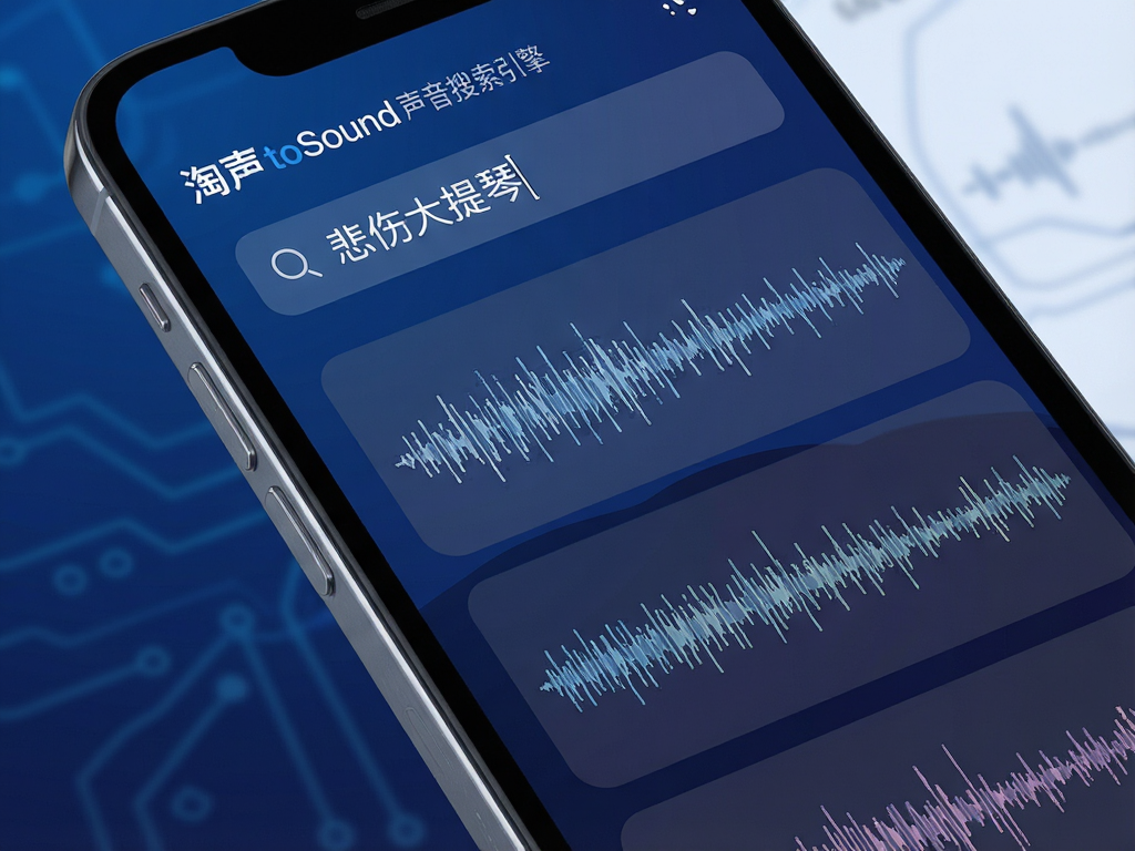 一张现代科技风格的手机屏幕特写,显示淘声toSound声音搜索引擎App界面,顶部搜索栏输入文字
