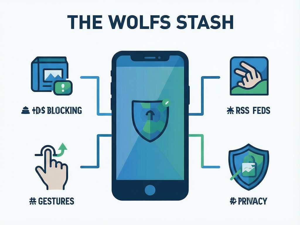 An infographic style illustration explaining The Wolfs Stash features, icons representing ad-blocking, RSS feeds, gestures, and privacy shield arranged neatly around a central smartphone silhouette, clean vector art, blue and green color palette, minimalistic, educational diagram, sharp lines, no extra text elements