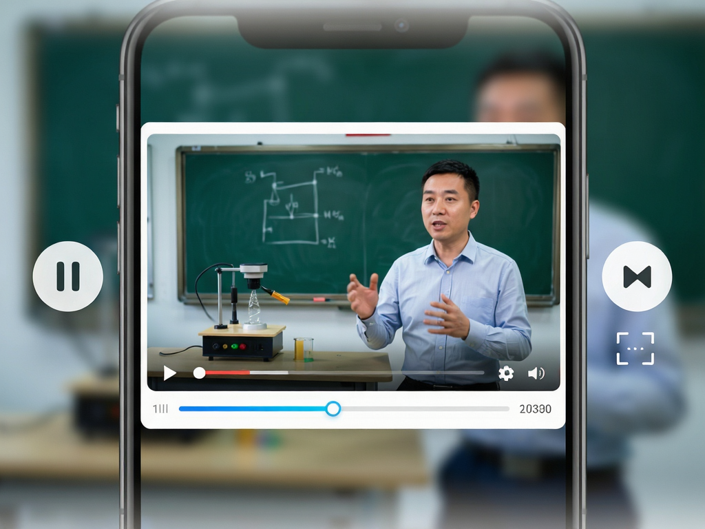 生成一张豫教高中app播放页面的特写图,画面中心是正在播放物理实验演示的视频窗口,色彩鲜艳逼真,周围环绕着暂停、快进、全屏控制图标,背景略微虚化以突出主体,整体风格科技感强且专业,细节包括进度条上的缓冲指示点,画质高清细腻,干净无水印干扰,视频中老师讲解手势自然生动。