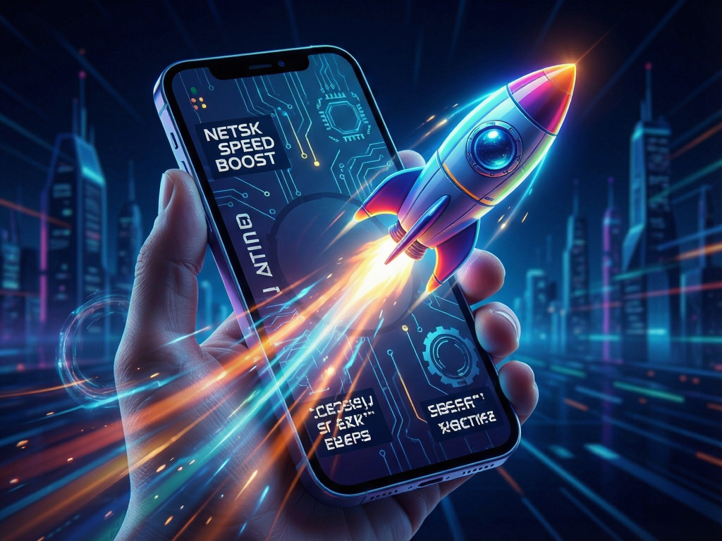 netsk.yper speed boost visualization, rocket launching from smartphone screen, dynamic motion lines, futuristic tech aesthetic, vivid colors