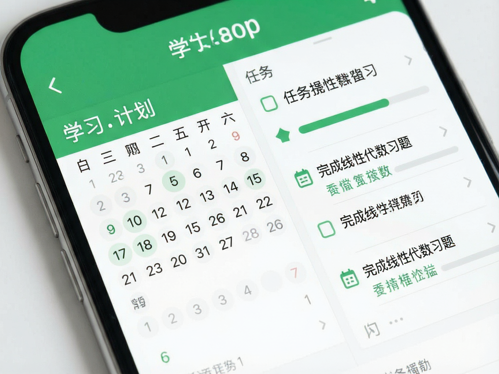我爱理工app的学习计划页面特写,界面包含日历视图和任务进度条,色彩以清新的绿色和白色为主,显示多个待办事项如