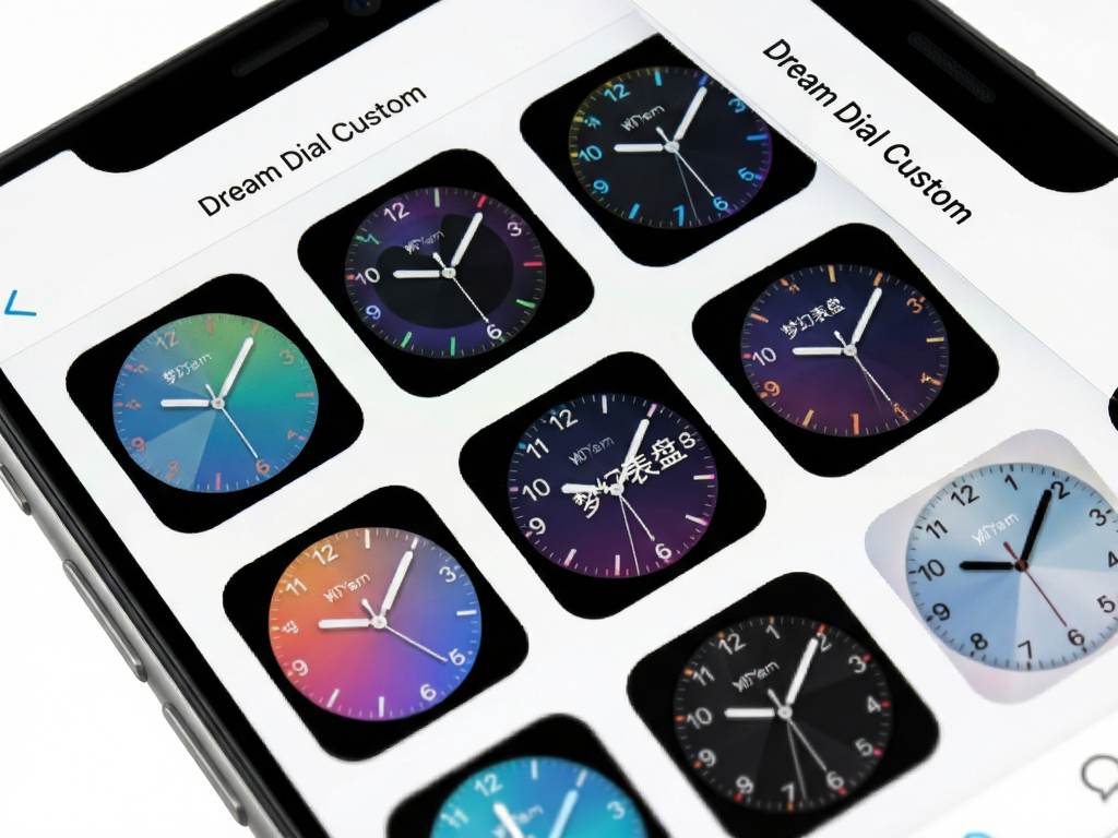 A clean and modern smartphone screen displaying the 'Dream Dial Custom' app interface, showing a grid of colorful dynamic clock widgets, minimalist layout, high definition, white background, text