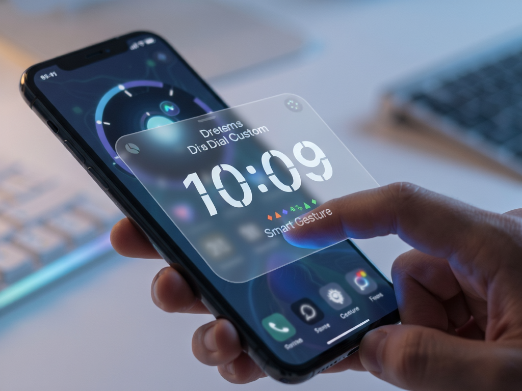 Close-up view of a hand interacting with a smartphone screen using gestures, overlaying a semi-transparent digital clock widget from 'Dream Dial Custom' app, soft ambient lighting, futuristic tech style, clear lines, text