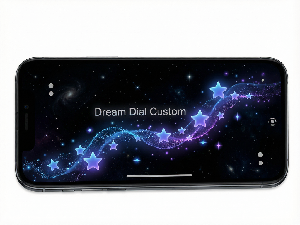 Dynamic particle effect animation flowing across a smartphone lock screen, following tilt motion, glowing blue and purple stars against deep space black background, visualizing 'Dream Dial Custom' features, smooth gradients, ethereal atmosphere, no text, ultra-realistic rendering