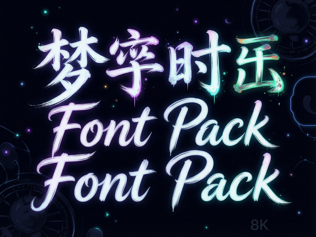 Artistic typography display featuring Chinese and English characters mixed elegantly, inspired by 'Dream Dial Custom' app font packs, dark mode background with neon accents, detailed brush strokes, high contrast, text