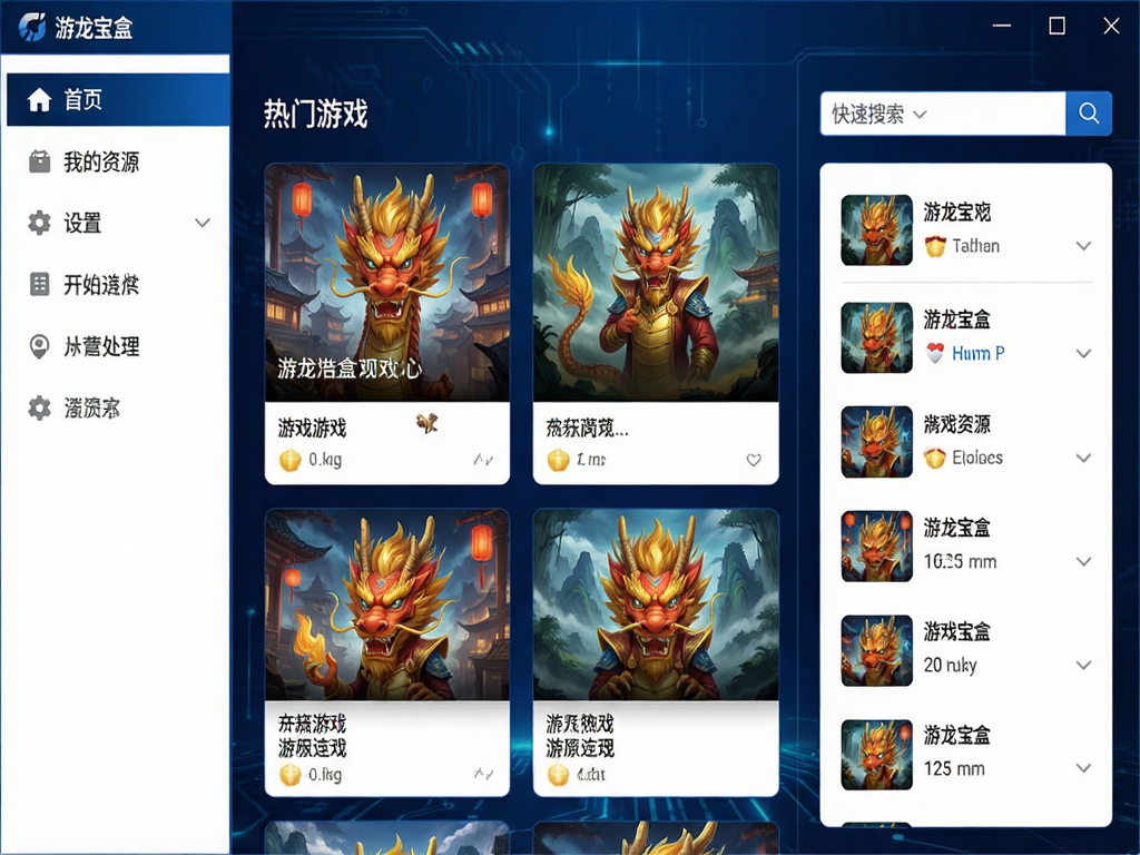 游龙宝盒软件界面截图,左侧为导航菜单包含首页、我的资源、设置等选项,中间区域显示热门游戏资源卡片,右侧为快速搜索框和推荐列表,整体采用深蓝色科技风格背景,白色文字清晰可见,布局整洁有序,高画质,无多余装饰元素,干净清爽