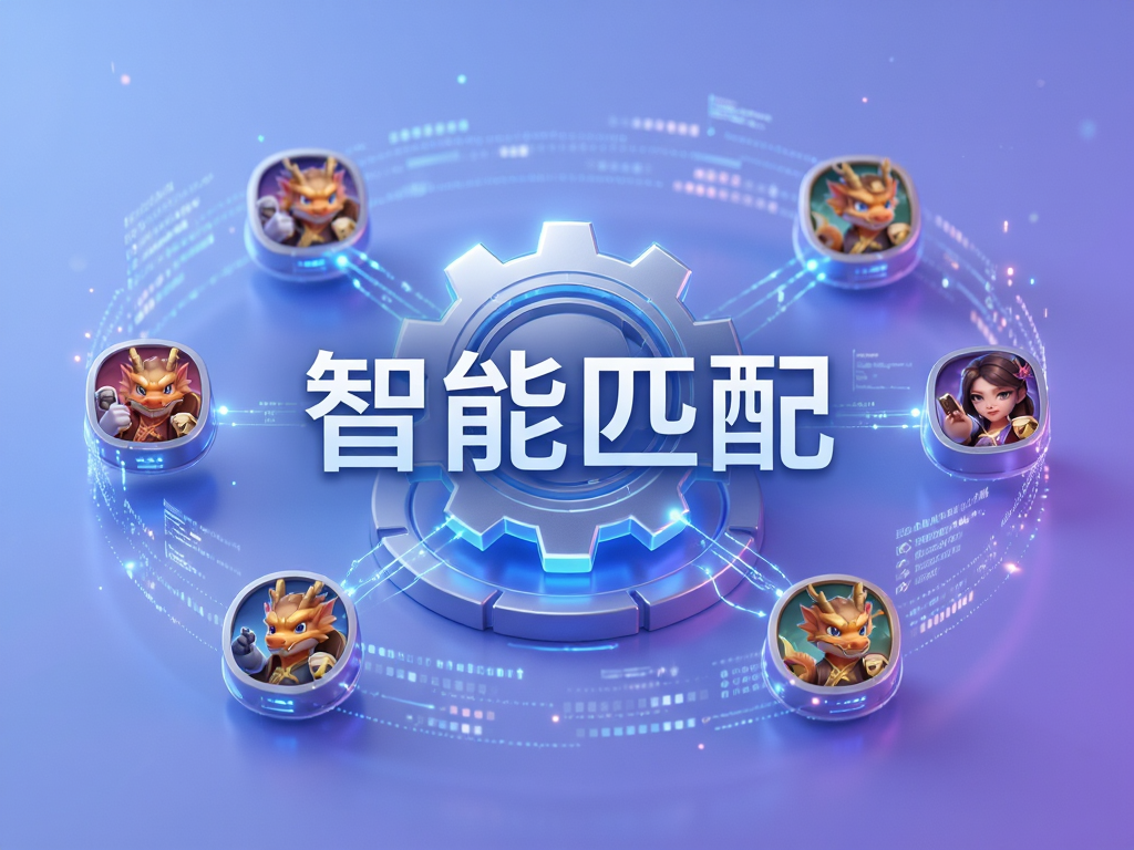 游龙宝盒智能匹配功能示意图,中央为一个发光的齿轮图标连接着多个游戏图标,周围环绕着数据流线条,背景为柔和的渐变蓝紫色,体现科技感与智能化,画面中心突出“智能匹配”字样,字体现代简约,高清渲染,细节丰富,无杂乱元素