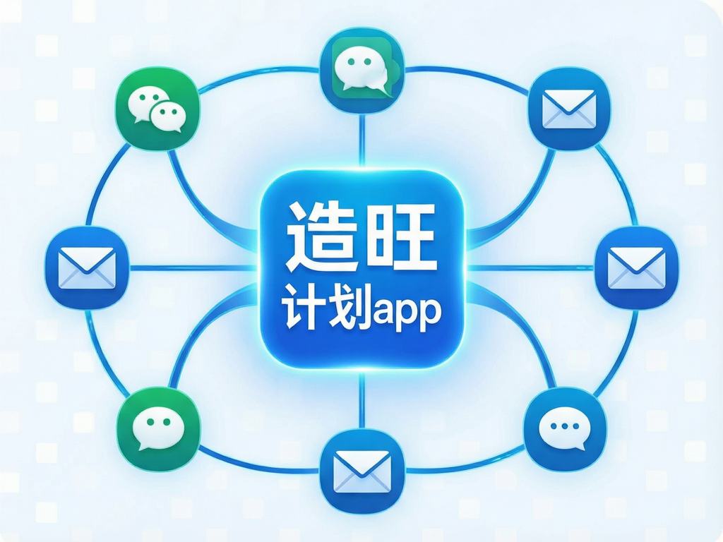 一张抽象风格的数字网络连接图,中心是一个发光的“造旺计划app”图标,周围环绕着微信、短信、邮件等通讯图标,线条流畅连接形成闭环,象征多渠道整合,色调科技蓝为主,布局对称平衡,画质锐利清晰无噪点