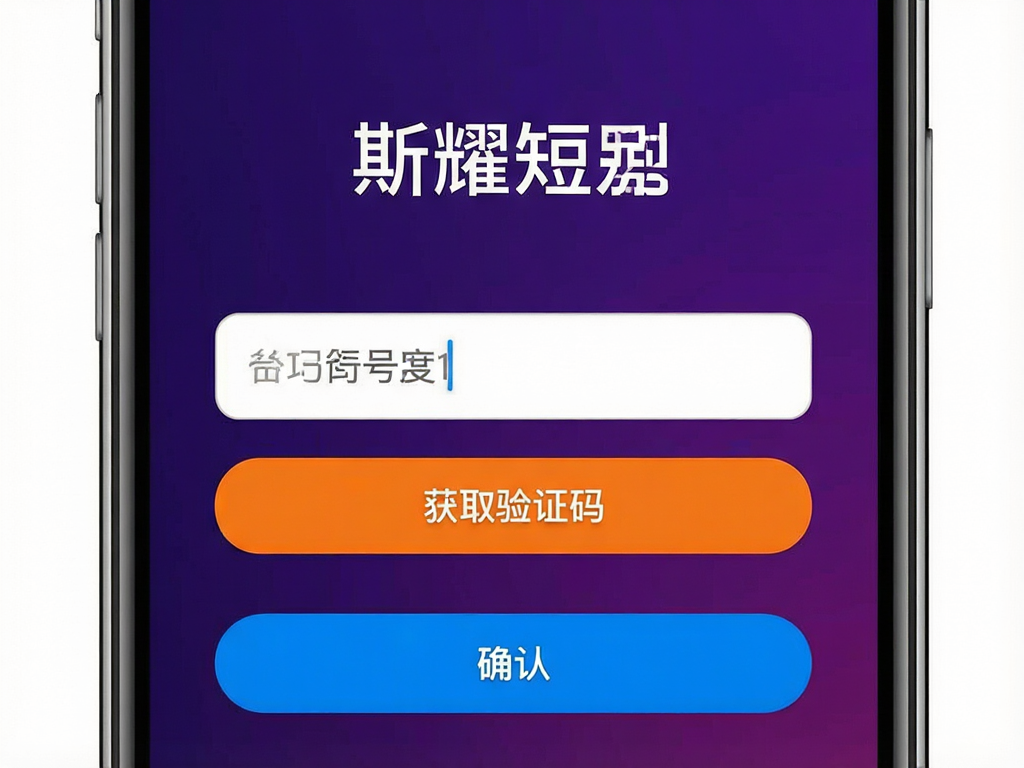 斯耀短剧app登录注册界面,手机屏幕特写,中央显示手机号输入框和获取验证码按钮,底部有蓝色确认按钮,背景为深紫色渐变,UI风格现代简洁,文字清晰可见,高画质,干净无多余元素