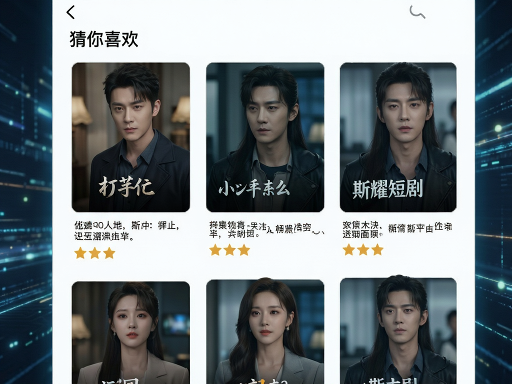 斯耀短剧app推荐页截图,展示“猜你喜欢”列表,包含多张竖屏短剧缩略图,配有简短剧情简介和评分,界面清爽,字体易读,科技感背景光效,写实风格,高清渲染