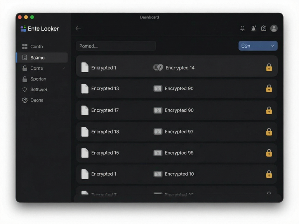 Software interface of Ente Locker showing a dark mode dashboard with encrypted file lists, lock icons next to each item, clean minimalist UI, high resolution, no text overlays except 