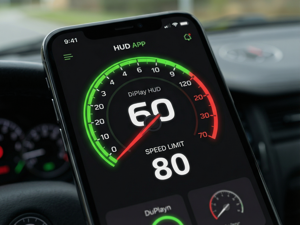 DiPlay HUD App interface on a smartphone screen showing a large digital speedometer reading 60, dark mode background with neon green and red accents, modern flat design UI, high contrast text 
