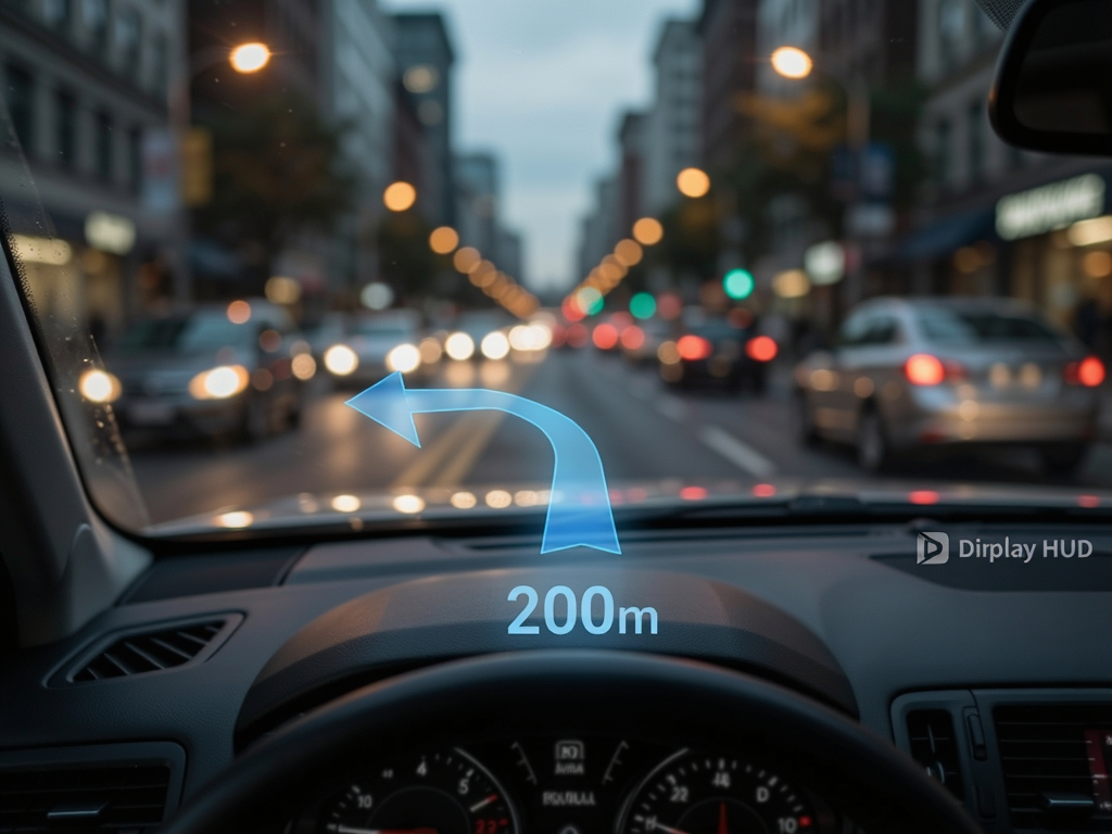 Car windshield view through HUD projection, translucent blue navigation arrow pointing left, distance number 