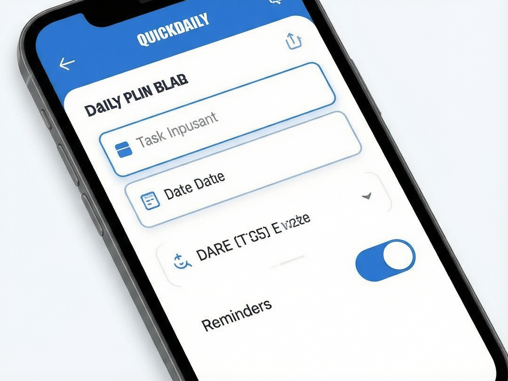 QuickDaily app interface showing a clean daily plan setup screen with task input fields, date picker, and reminder toggle switches, modern minimalist UI design, blue and white color scheme, high resolution digital illustration, no extra elements