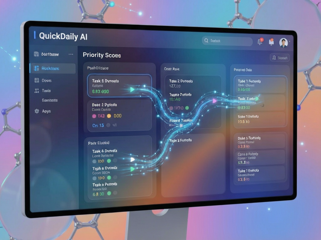 QuickDaily AI sorting visualization with tasks moving dynamically into optimal positions based on priority scores, sleek dashboard layout, futuristic data flow graphics, soft gradient background, crisp typography, no clutter