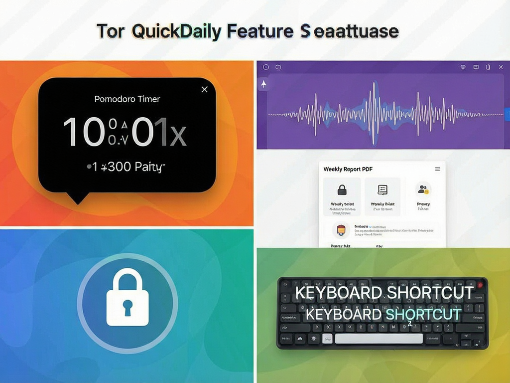QuickDaily feature showcase collage including pomodoro timer widget, voice input waveform animation, weekly report PDF preview, lock icon for privacy shield, keyboard shortcut overlay, professional software marketing style, vibrant yet trustworthy colors, sharp focus, zero noise