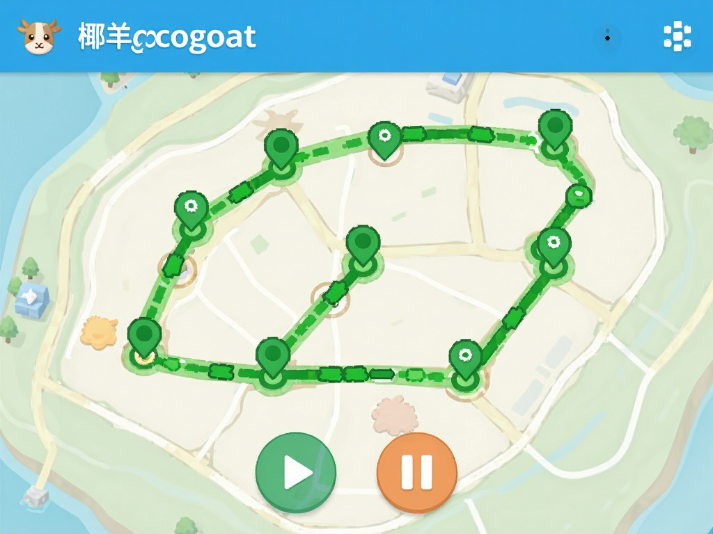 һ���������ֻ���Ļ��ͼ����ʾҬ��cocogoat������׿����Զ�Ѱ·���棬��ͼ�ϱ���˶����ɫ�Ĳɼ���·�����ײ��в��ź���ͣ��ť�����Ϊ�ִ���ƽ��UI��ƣ�ɫ��������ϸ�����������ʸɾ��޶���Ԫ��