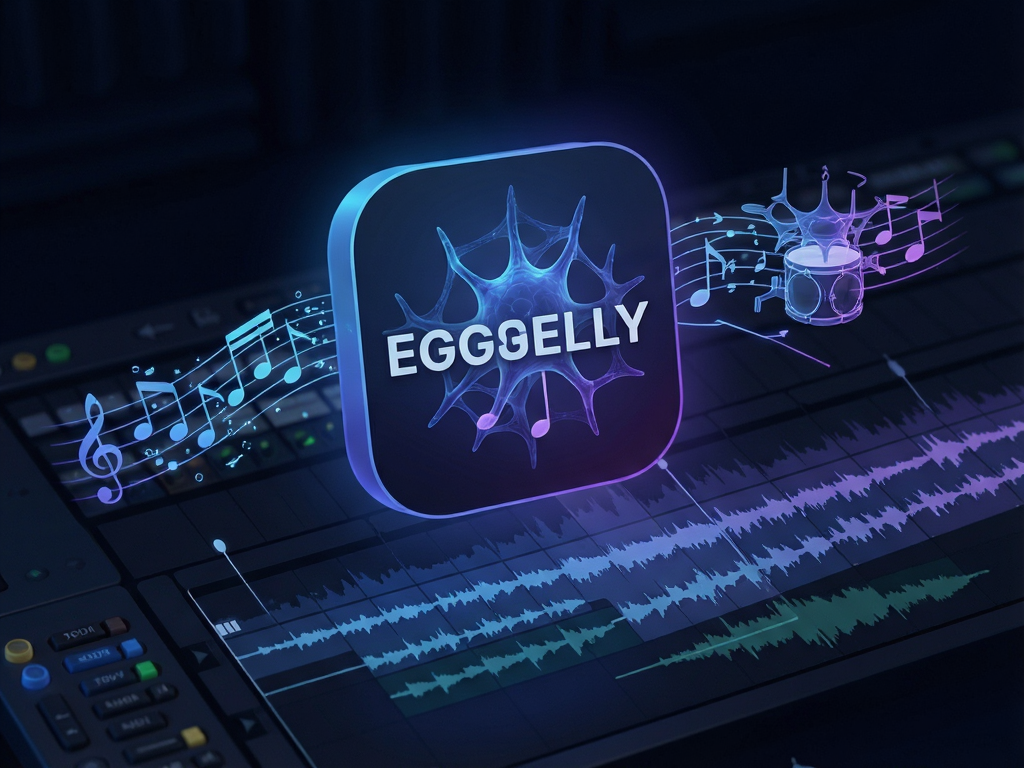 EGGJELLY app icon floating above a digital audio workstation timeline, glowing neural network lines connecting musical notes to drum beats, futuristic blue and purple color scheme, minimalist style, 4k detailed graphics