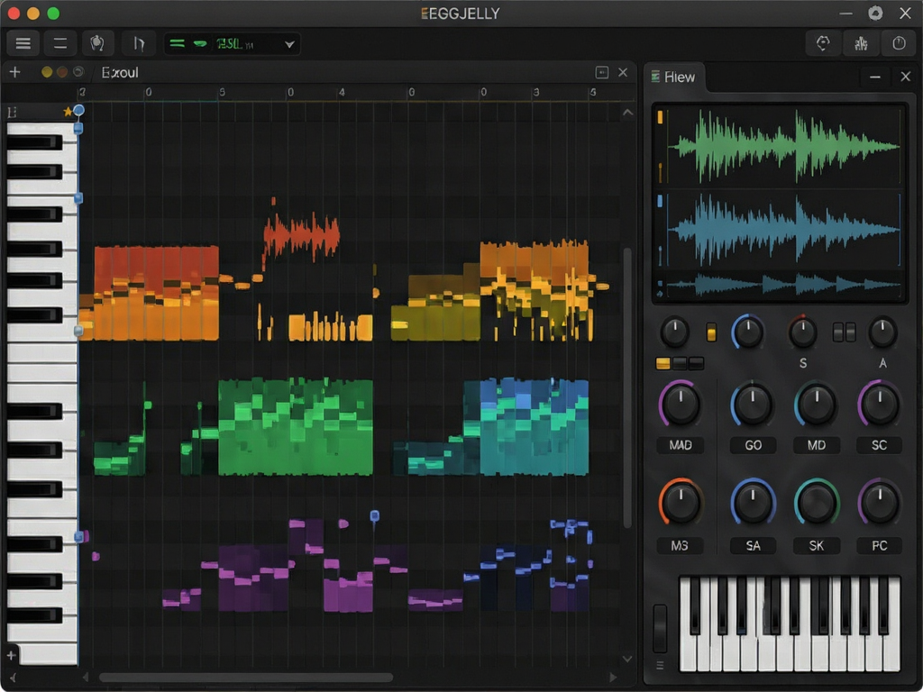 EGGJELLY software interface showing a piano roll window with colorful MIDI notes, a synthesizer panel on the right side displaying waveforms and knobs, dark mode UI design, clean layout, high resolution 8k, professional music production aesthetic