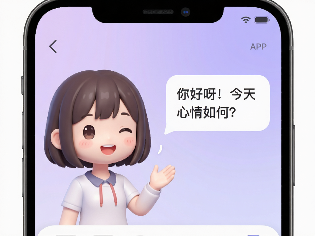米粒chat APP界面展示,左侧为可爱的二次元风格AI虚拟形象正在微笑说话,右侧是对话气泡框显示文字