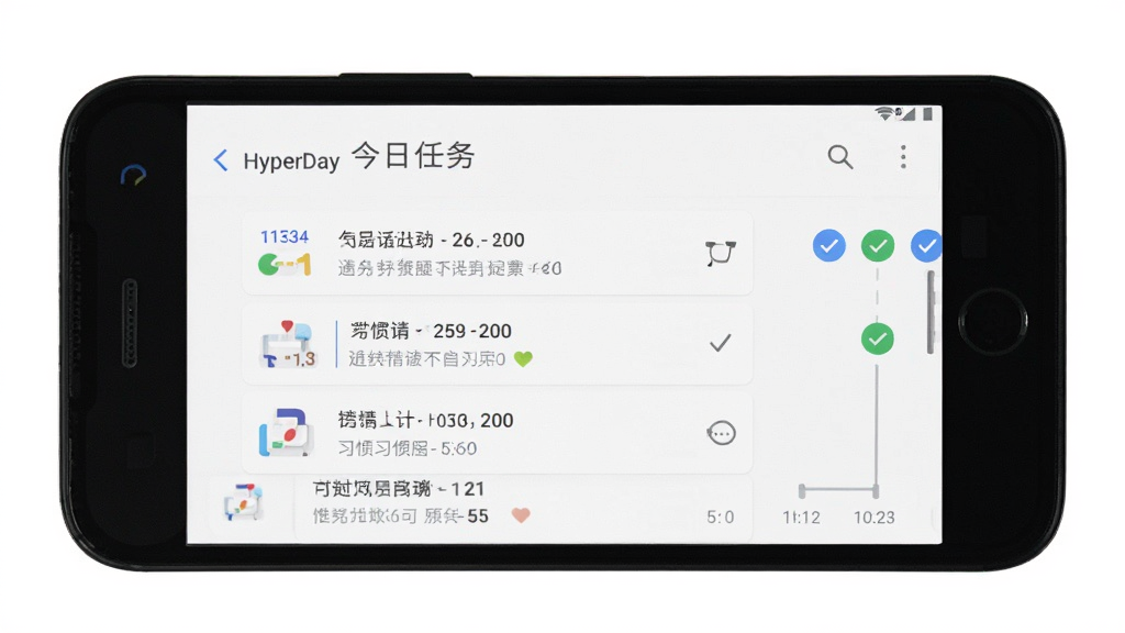 主体为一部安卓手机屏幕显示 HyperDay 今日任务列表界面,布局为居中手机正面展示,排版简洁上下留白,风格为清爽扁平化设计,细节包括任务条目、习惯打卡图标和时间轴元素,画质清晰干净无多余元素