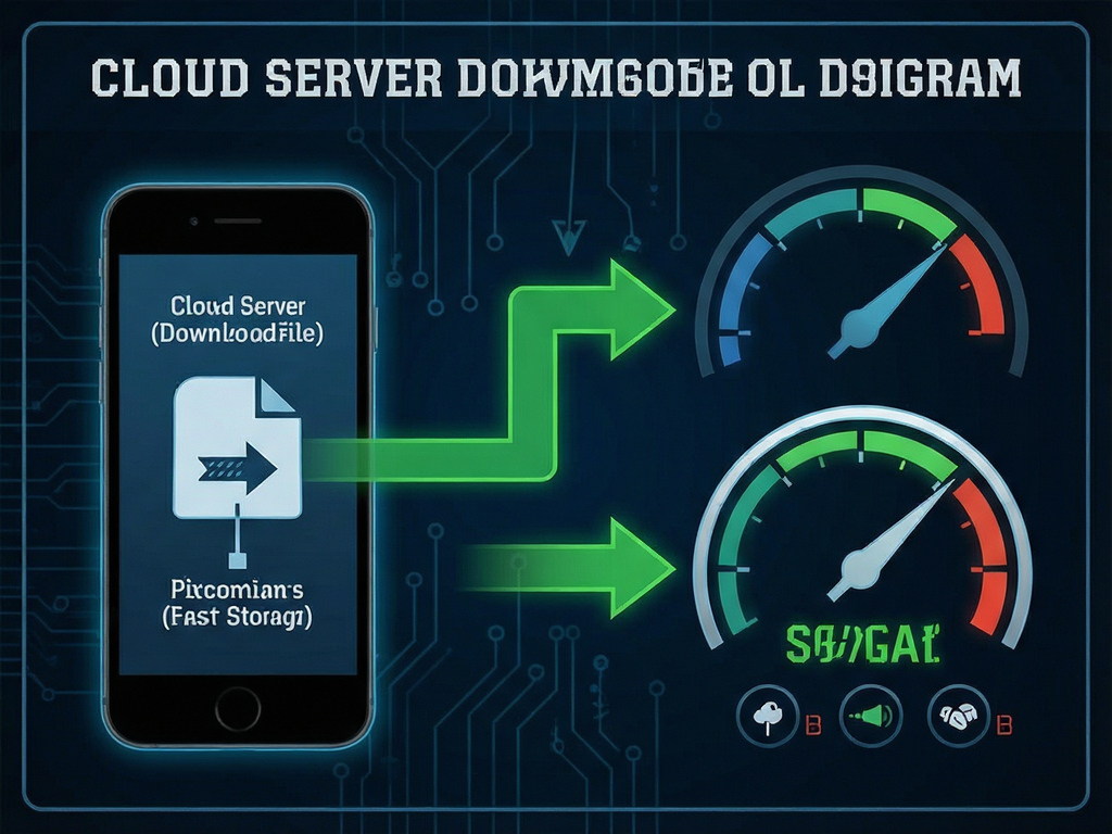 Data flow diagram illustrating cloud server downloading files to phone storage, speedometer icon indicating fast loading, green arrows, technical infographic style, clean and professional, high contrast