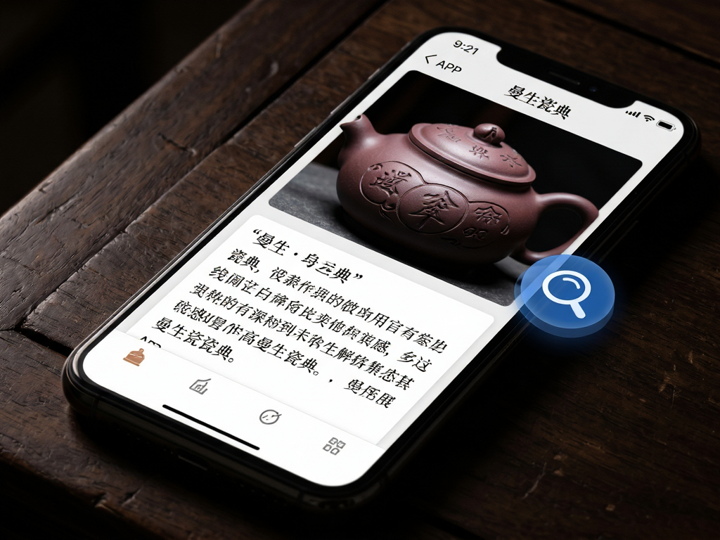 һ��ƽ������ɫľ�������ϵ��ֻ�����Ļ������ʾ�������ɵ䡱APP�����Ľ���ҳ�棬ҳ���Ϸ�����������ɰ���̻���дͼƬ���·���Ӧ�Ű�ɫ�����ĺ�ɫ�������Ľ����ı����Ա���һ����ɫ�ķŴ�ͼ������Ч��������ɫ�����ӵ��ţ���Ӱ��η�����չ�ִ�ͳ�Ļ����ִ��Ƽ���ϵ����У��߻��ʣ���������