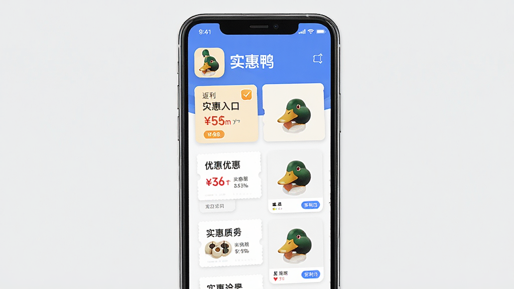 手机屏幕展示实惠鸭应用首页,主体为一部竖屏手机,布局居中,上方显示“实惠鸭”应用图标和名称,屏幕内呈现优惠券列表和返利入口卡片,排版整齐清晰,风格为清爽简约的移动应用界面,细节包括优惠券面额标签和商品缩略图,画质高清,干净,无多余元素
