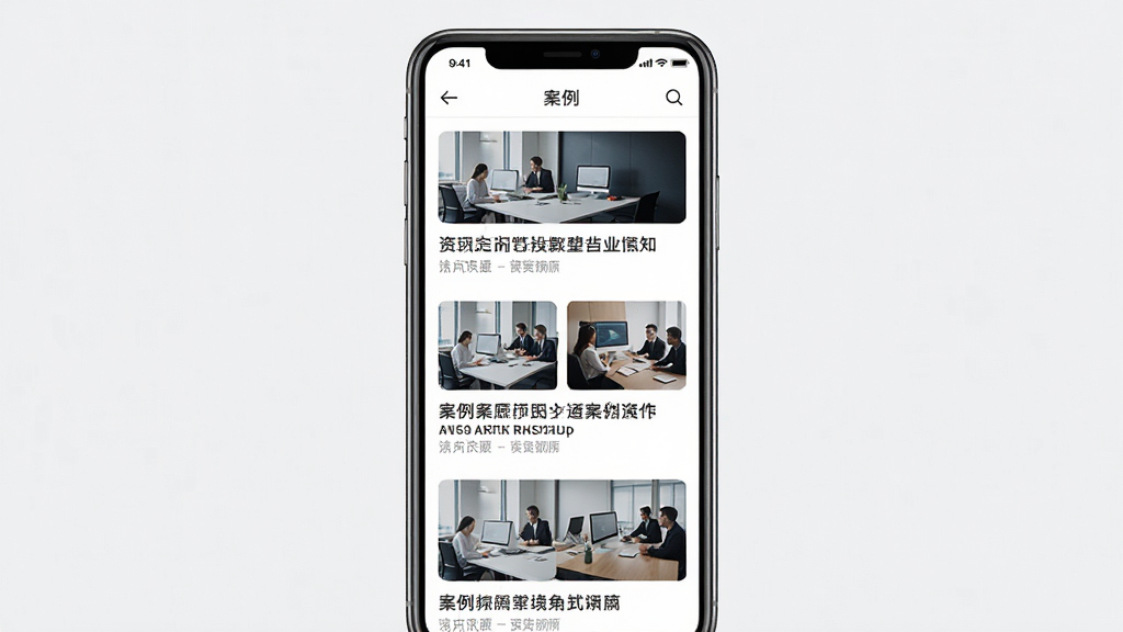 广告门软件资讯页面展示,主体为手机屏幕内资讯列表与案例卡片,布局为竖版手机界面居中展示,排版清晰分区明确,风格现代简约商务,细节包含新闻标题缩略图与案例配图,画质高清干净无多余元素