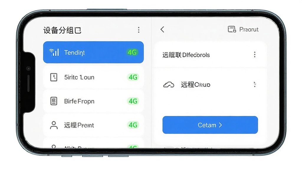 炻器物联远程控制界面展示 主体为手机屏幕显示设备列表与远程控制按钮 布局为左侧设备分组栏右侧控制面板 排版清晰 风格科技简约 细节包含4G信号图标与设备状态指示灯 画质高清 干净 无多余元素