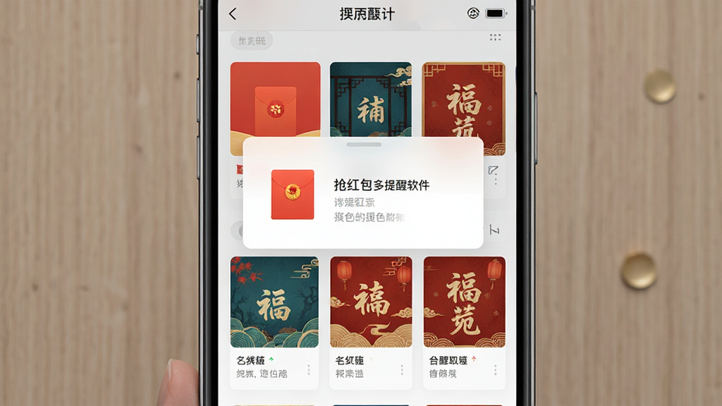 抢红包多提醒软件主界面展示,主体为手机屏幕中的红包提醒弹窗与封面列表,布局居中清晰,排版简洁,风格清爽现代,细节包含红包图标与国风封面缩略图,画质干净无多余元素