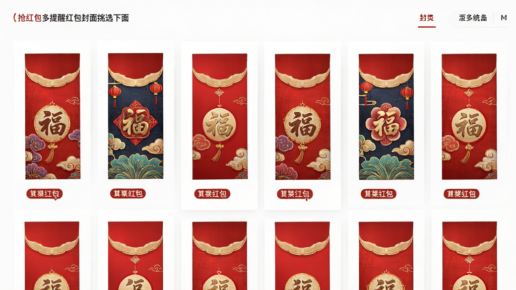 抢红包多提醒红包封面挑选页面,主体为多款国风红包封面网格排列,布局整齐,排版疏密有致,风格喜庆雅致,细节展现封面花纹与分类标签,画质清晰干净