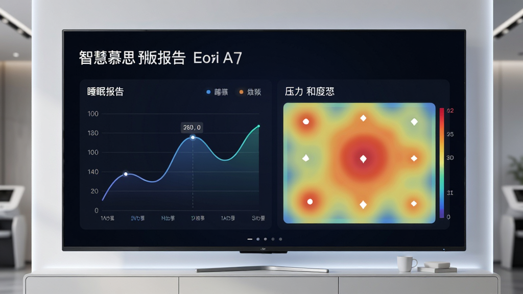 智慧慕思门店版预览图,主体为电视大屏展示睡眠报告图表,布局居中,排版简洁,风格现代科技感,细节包含数据曲线与压力热力图,画质清晰干净无多余元素