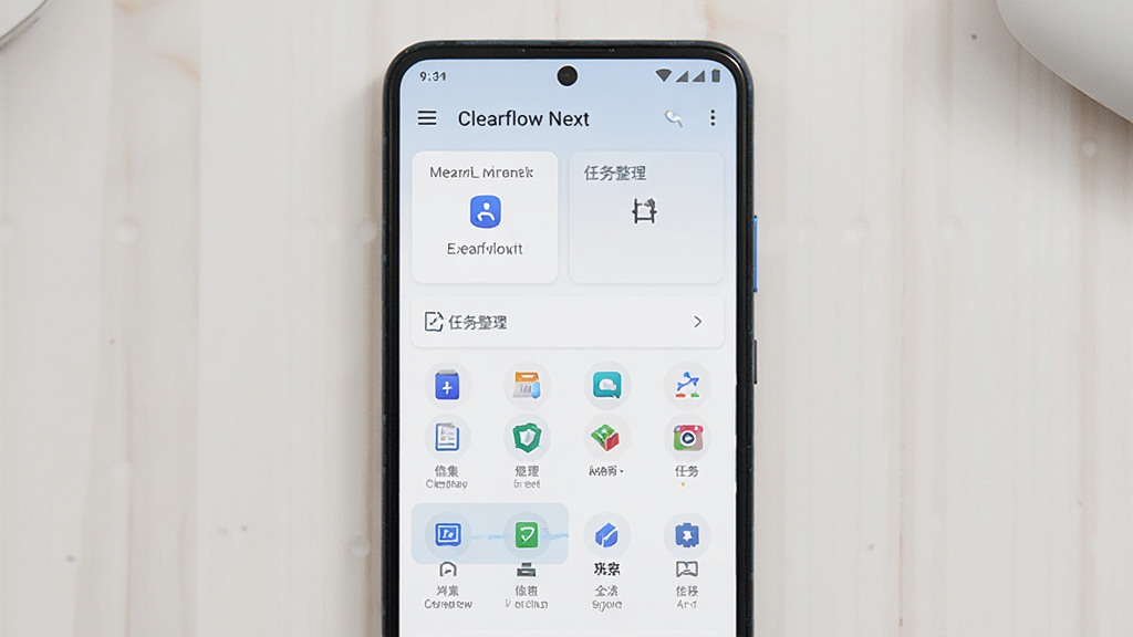 ����Ϊһ����׿�ֻ���ĻչʾClearflow NextӦ�������棬����Ϊ�ֻ����з��á�����Ϊǳɫ���棬�Ű�Ϊ���湹ͼ�����Ϊ��ˬ��Լ�������Ʒչʾ�磬ϸ��Ϊ�����пɼ���Ϣ�鼯������������ڡ�ͼ����������Ӱ��ͣ����ʸ��塢�ɾ����޶���Ԫ��