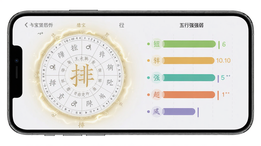 手机屏幕展示宝宝生辰排盘与五行分析界面,主体为居中手机,布局上下分层,排版左侧显示排盘表格右侧显示五行强弱条,风格现代简约科技感,细节包含淡金色汉字能量光环与数据图表,画质高清干净无多余元素