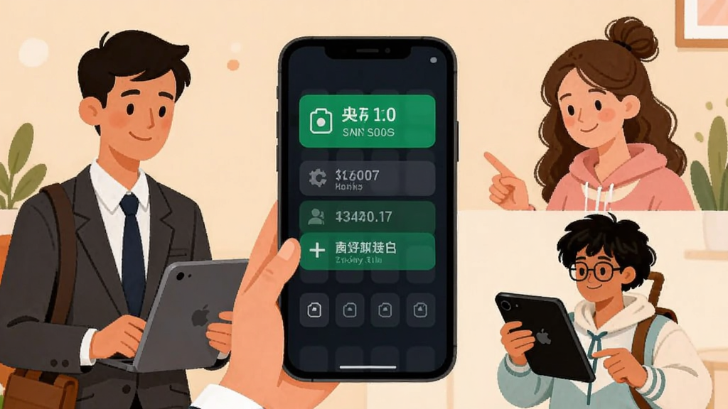 主体为四位不同身份人物围绕手机屏幕接单的场景,布局为左右分布人物与中央手机,排版均衡对称,风格为温暖插画风,细节包含上班族、宝妈、学生和自由职业者形象及到账提示,画质清晰干净无多余元素