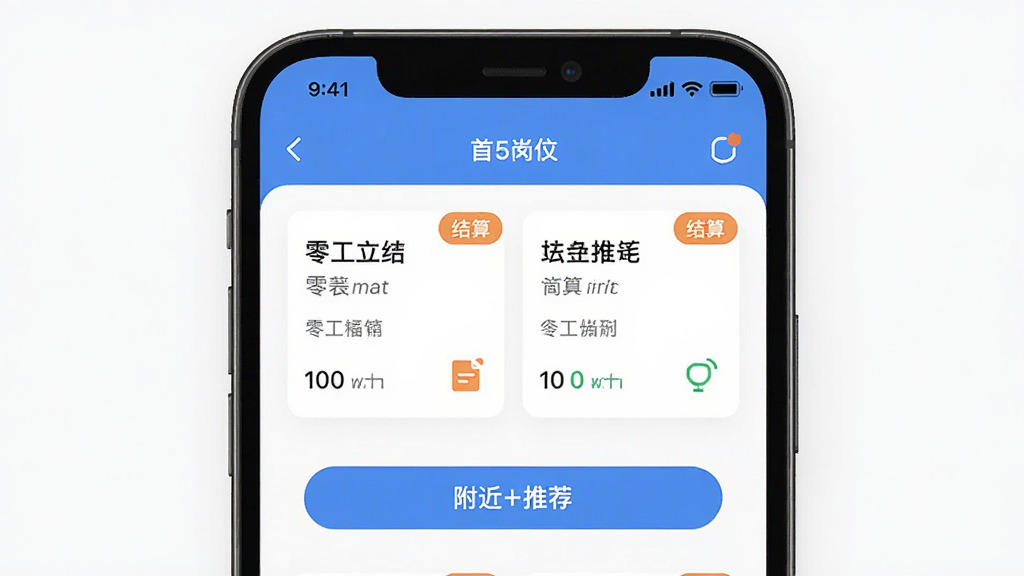 主体为一部智能手机展示零工立结应用首页岗位列表,布局为居中手机屏幕特写,排版简洁上下留白,风格为清新扁平化UI界面,细节包含岗位卡片、结算标签和附近推荐按钮,画质高清干净无多余元素