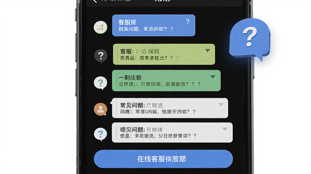 主体为手机屏幕显示客服对话与常见问题列表,布局为居中手机特写配悬浮问号图标,排版简洁清晰,风格为现代扁平设计,细节包含问答条目和在线客服按钮,画质高清干净无多余元素